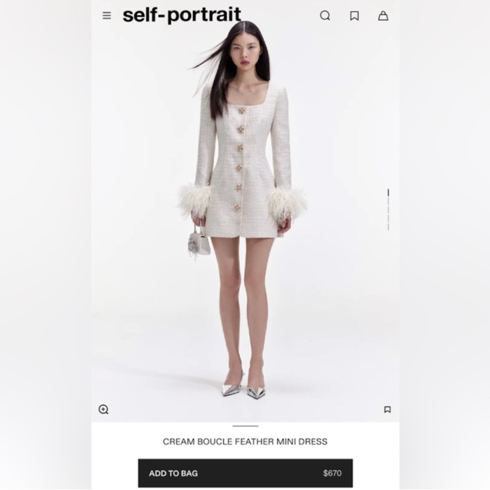 Self Portrait CREAM BOUCLE FEATHER MINI DRESS
